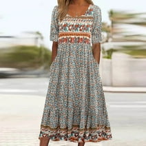 BSDJILFG Dresses for Women 2024 Vintage Floral Print Tummy Long Dress Summer Clearance
