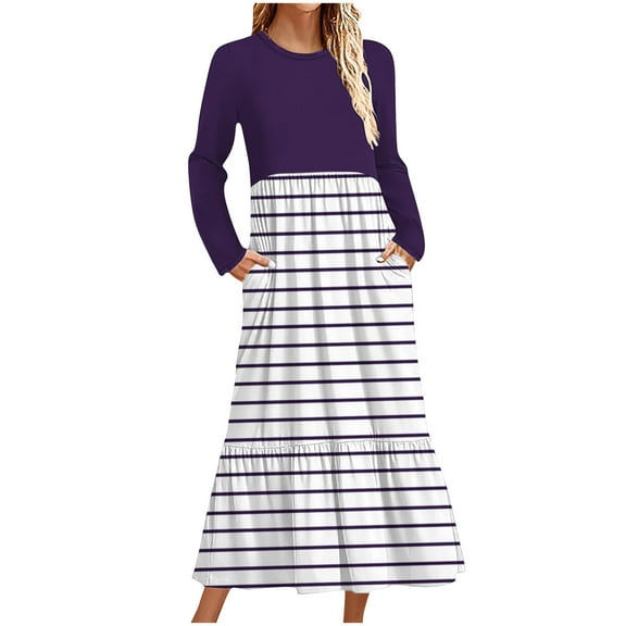 BSDJILFG Dresses for Women Fall Casual Striped Color Block Long Sleeve Crewneck Maxi Dress Fall