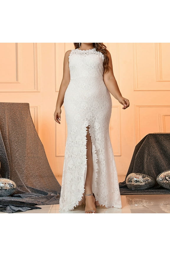 Evening Dresses for Women Elegant White Lace Maxi Fishtail Dresses, Women's Plus Size Sleeveless Formal Wedding Party Tank Dress Slim Fit High Split Cocktail Dresses XL-4XL