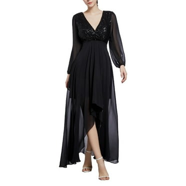 BSDJILFG Evening Dresses for Women Elegant Sequin Dress High Waisted Long Sleeve Deep V Neck A-Line Ruffle Flowy Maxi Dresses Clearance