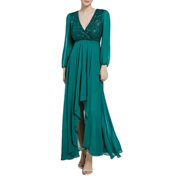 BSDJILFG Evening Dresses for Women Elegant Sequin Dress High Waisted Long Sleeve Deep V Neck A-Line Ruffle Flowy Maxi Dresses