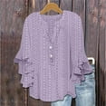 thumbnail image 1 of BSDJILFG Eyelet Tops for Women 3/4 Lace Embroidered Tunics Bell Sleeve Loose Fit Button Up V-Neck Ruffle Lightweight Blouse, 1 of 5