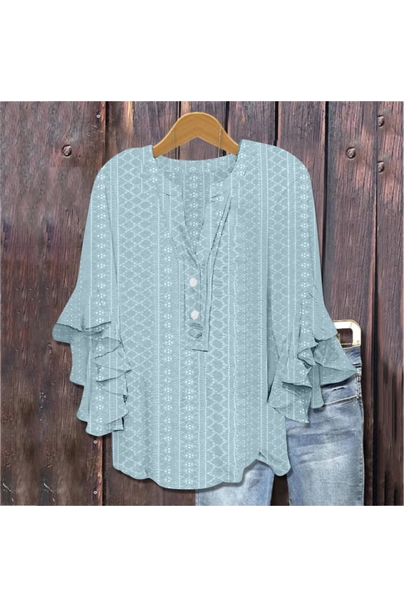 Eyelet Tops for Women 3/4 Lace Embroidered Tunics Bell Sleeve Loose Fit Button Up V-Neck Ruffle Lightweight Blouse