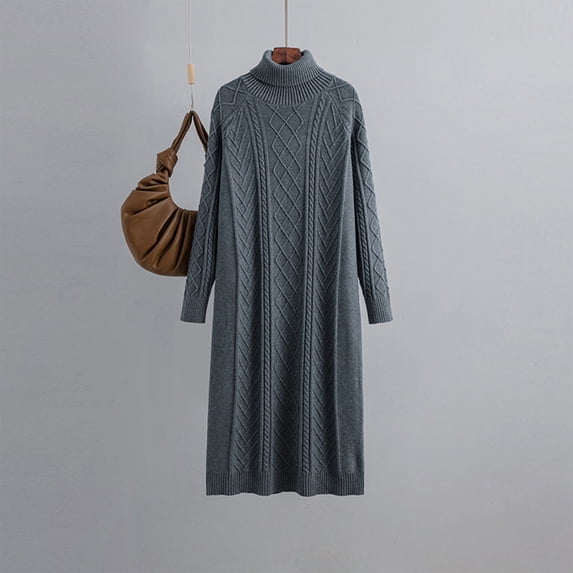 BSDJILFG Fall Dress for Women Winter Casual Leisure Long Sleeve Thick Chunky Knit Sweater Loose Fit Turtleneck Maxi Sleep Dress