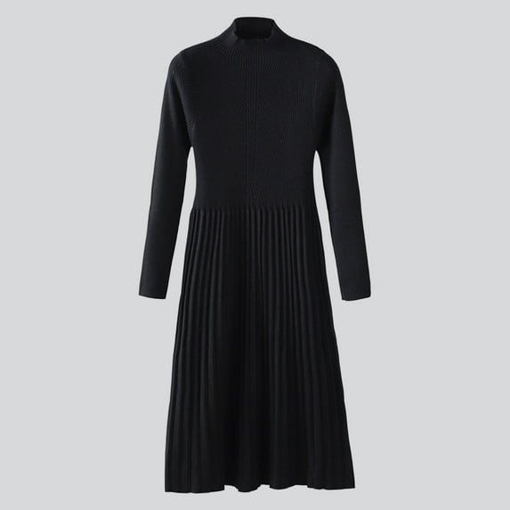 BSDJILFG Fall Dresses for Women 2025 Winter Knitted Pleated Sweaters Solid Color Mid-Calf Turtleneck Thickened Knee-length Midi Sweater Dress
