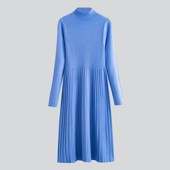 BSDJILFG Fall Dresses for Women 2025 Winter Knitted Pleated Sweaters Solid Color Mid-Calf Turtleneck Thickened Knee-length Midi Sweater Dress