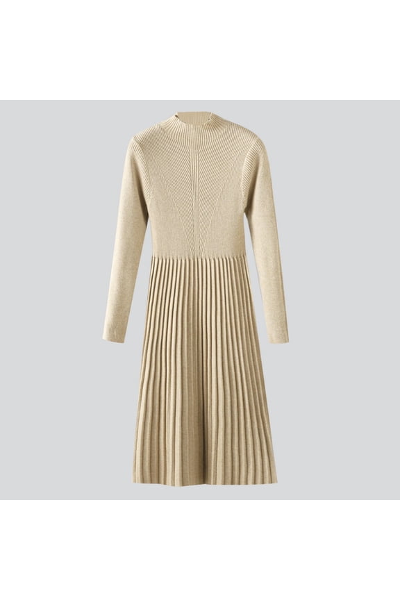 Fall Dresses for Women 2025 Winter Knitted Pleated Sweaters Solid Color Mid-Calf Turtleneck Thickened Knee-length Midi Sweater Dress