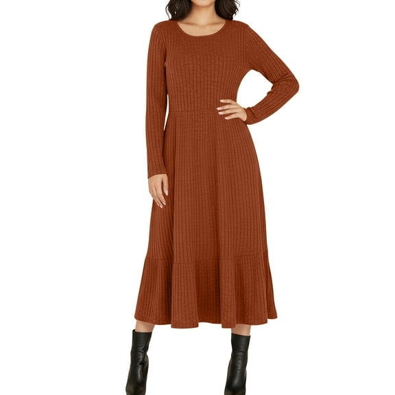 BSDJILFG Fall Dresses for Women with Pockets,Formal Casual Sweater Dress,High Waist Long Sleeve Ribbed Knit Crewneck Bodycon Long Maxi Dress