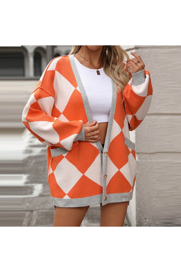 Fall Sweaters Women Trendy Checkered Plaid Print Cardigan Sweaters Open Front Long Sleeve Button Down Knitted Coat,S-XL