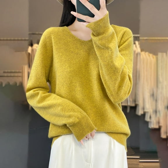 BSDJILFG Fall Sweaters for Women Knitting Cotton Shirt Long Sleeve V-Neck Slim Fit Pullover Tops