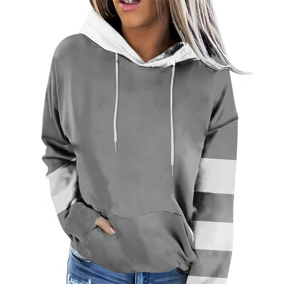 BSDJILFG Fall Tops for Women 2024 Winter Loose Trending Color Block Black White Long Sleeve Pullover Hooded Sweater Drawstring Pullover Sweatshirts Workout Tops ,S-3XL