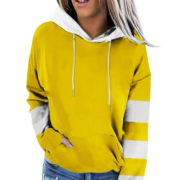 BSDJILFG Fall Tops for Women 2024 Winter Loose Trending Color Block Black White Long Sleeve Pullover Hooded Sweater Drawstring Pullover Sweatshirts Workout Tops ,S-3XL