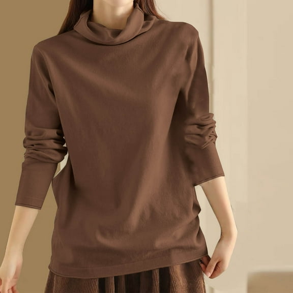 BSDJILFG Fall Tops for Women Dressy Cowl Neck Shirt Long Sleeve Knitted Cotton Turtle Neck Pullovers