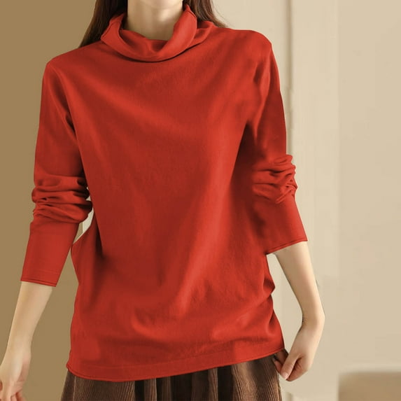 BSDJILFG Fall Tops for Women Dressy Cowl Neck Shirt Long Sleeve Knitted Cotton Turtle Neck Pullovers