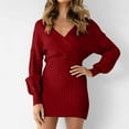 thumbnail image 1 of BSDJILFG Fall Wedding Guest Dresses for Women,Plus Size Cocktail Dress,Cotton Twist Crochet Knit V-Neck Wrap Mini Dress, 1 of 9