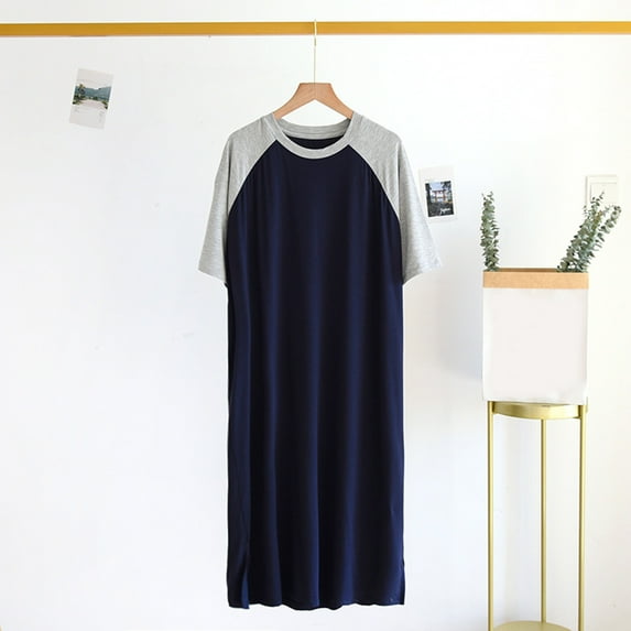 BSDJILFG Flannel Nightgown for Men Long to Floor Nightshirt Summer Casual Short Sleeve Sleepshirts Crewneck Pullover Nightwear Loungewear T-Shirt Rollbacks,L-4XL