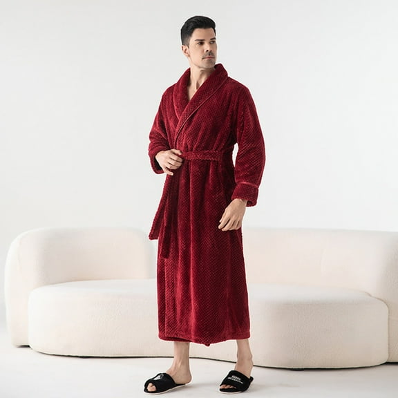 BSDJILFG Flannel Nightgowns for Men,Fleece Fuzzy Belted Cardigans Long Sleeve Pullover Tops with Pockets