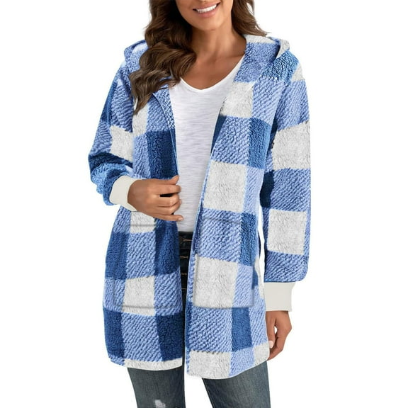 BSDJILFG Fleece Hoodies for Women Long Plaid Shacket Jackets Classic Loose Fit Comfy Warm Fuzzy Open Front Winter Cardigans