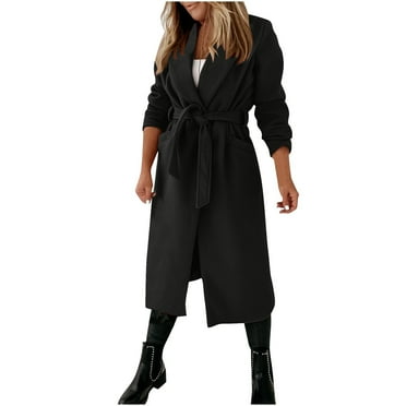 BSDJILFG Fleece Jacket Women Retro Woolen Trench Coats Solid Color Long Sleeve Tie Waist Outerwear Long Overcoats Winter Jackets Winter Clearance