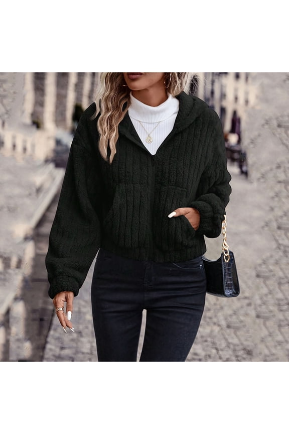 Fleece Jackets for Women Zipper without Hood,Fall Winter Casual Cropped Windbreaker Lapel Collar Coats