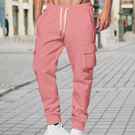 BSDJILFG Fleece Pants Men Big and Tall Loose Fit Cuffed Leg Sweatpants Cargo Joggers with Drawstring Pockets