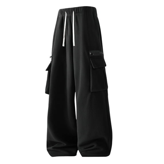 BSDJILFG Fleece Pants Men Sherpa Lined Sweatpants No Elastic Bottom Wide Leg High Waisted Hiking Pants Streetwear