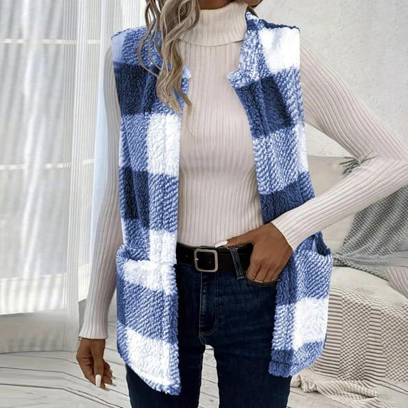 BSDJILFG Fleece Vests for Women Sleeveless Thick Checkered Jacket Slim Fit No Collar Open Front Cardigans Winter Coats