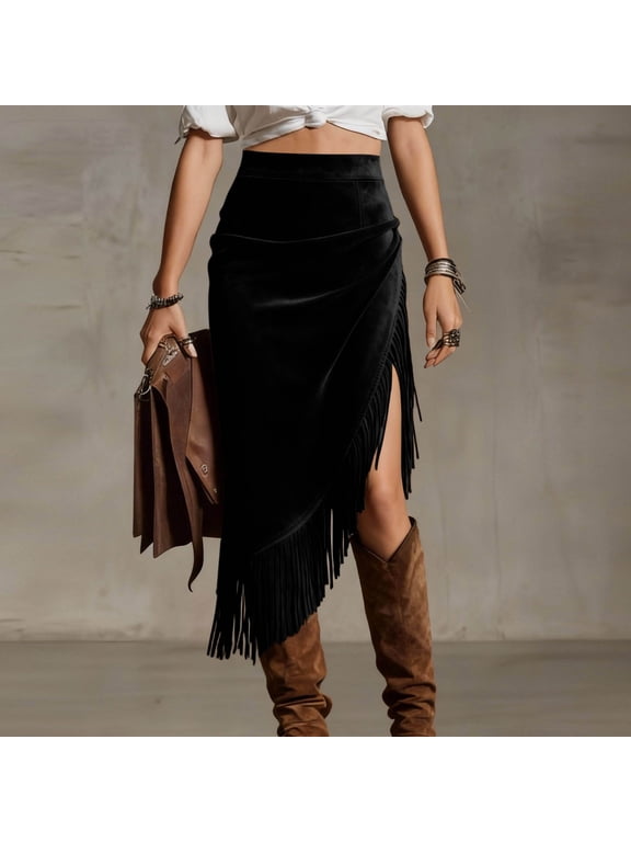 Fringe Skirts for Cowgirl High Waisted Midi Length Western Skirts Asymmetrical Slit Vintage Pencil Skirts