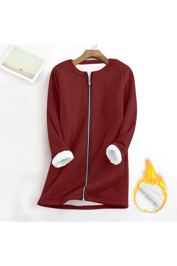 Full Zip Up Jacket for Women No Hood Long Sleeve Thicken Lined Crewneck Warm Fuzzy Cozy Winter Lounge Tops with Pockets