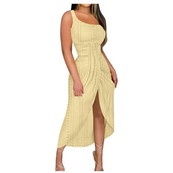 BSDJILFG Graduation Dress for Women Cute One Shoulder Dress Hollow Out Bodycon Loose Fit High Split Eyelet Maxi Dress