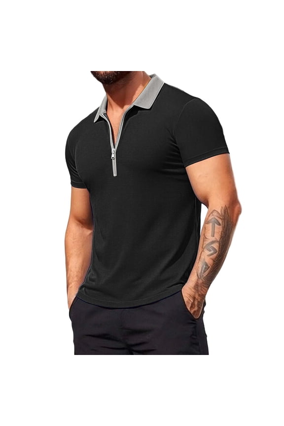 Half Zip Golf Shirts for Men Business Casual Top Color Blocked Short Sleeve Lapel Blouse