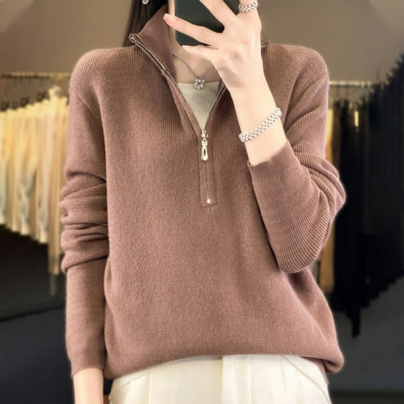 BSDJILFG Half Zip-Up Sweaters for Women,Long Sleeve V-Neck Knit Sweatshirts,Loose Fit Soft Fuzzy Pullove Blouse