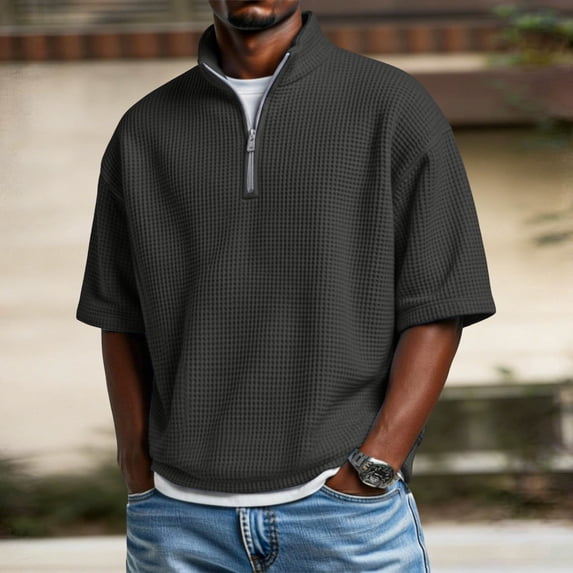 BSDJILFG Half Zipper Golf Shirts for Men Waffle Texture Knit Casual Short Sleeve Loose Fit Office Work Tops