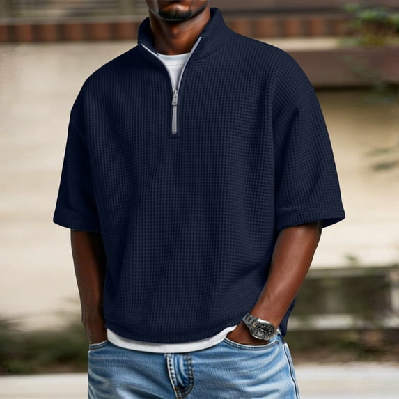 BSDJILFG Half Zipper Golf Shirts for Men Waffle Texture Knit Casual Short Sleeve Loose Fit Office Work Tops