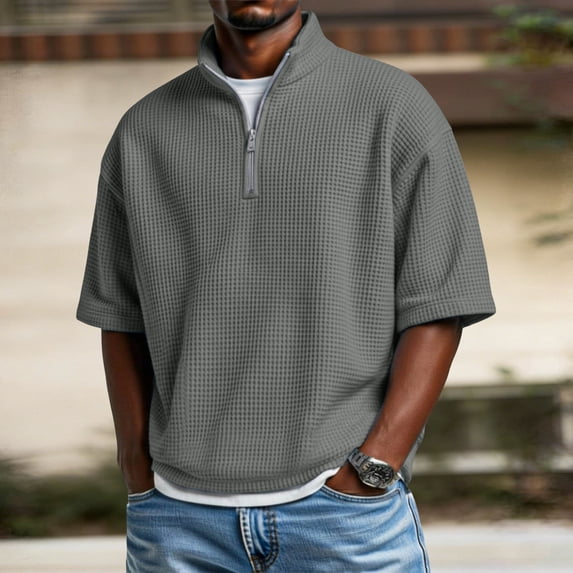 BSDJILFG Half Zipper Golf Shirts for Men Waffle Texture Knit Casual Short Sleeve Loose Fit Office Work Tops
