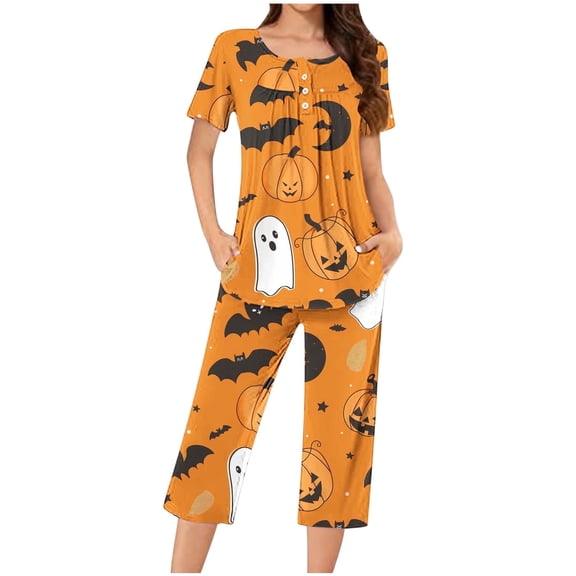 BSDJILFG Halloween Pajama Sets Womens Casual Loose Printed Round Neck Button Up Capris Lounge Set Fall ,S-3XL