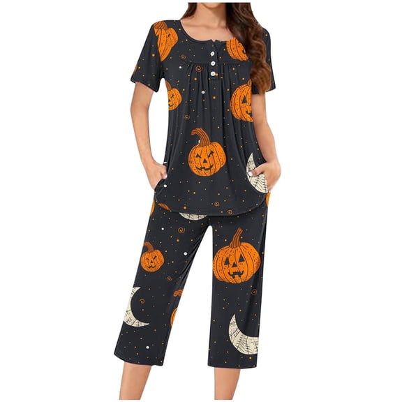 BSDJILFG Halloween Pajama Sets Womens Casual Loose Printed Round Neck Button Up Capris Lounge Set Fall ,S-3XL