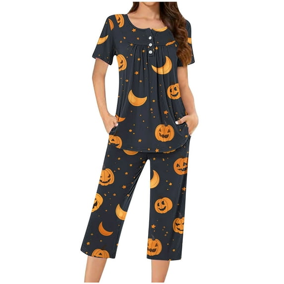 BSDJILFG Halloween Pajamas Women Fall Pajamas Women,Casual Sleep Shirts with Capri Bottom,Sizes S-3XL