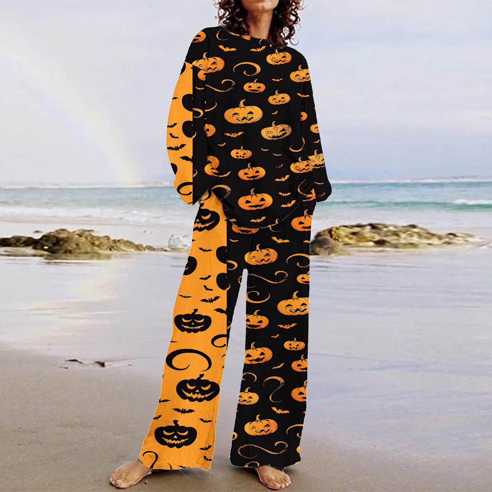 Halloween Pajamas for Women Plus Size Fall Winter Sleepwear Sets Casual Long Sleeve Party Pumpkin Printed Crewneck Tees Wide Leg Loose Pants Loungewear Outfits ,Sizes S-5XL