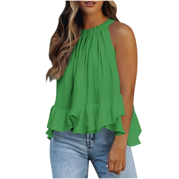 BSDJILFG Halter Flowy Tops for Women Summer Cute Babydoll Shirt Y2K Ruffle Hem Tank Top Swing Open Back Blouse for Juniors
