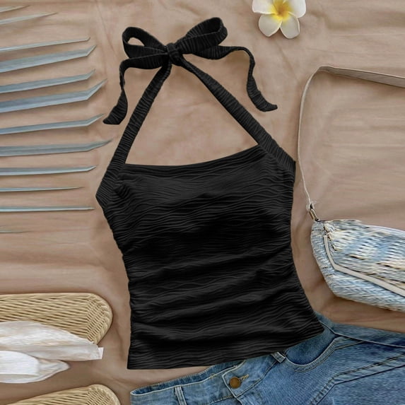 BSDJILFG Halter Neck Tops for Women Dressy Cute Top Tie Back Ruched Solid Color Juniors Crop Tops