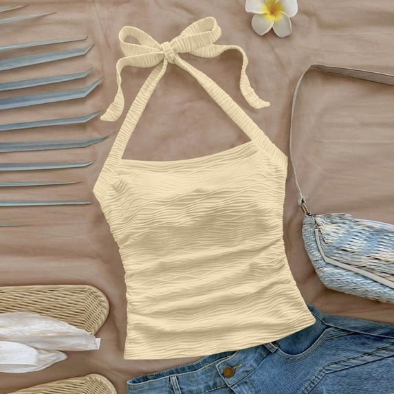 BSDJILFG Halter Neck Tops for Women Dressy Cute Top Tie Back Ruched Solid Color Juniors Crop Tops