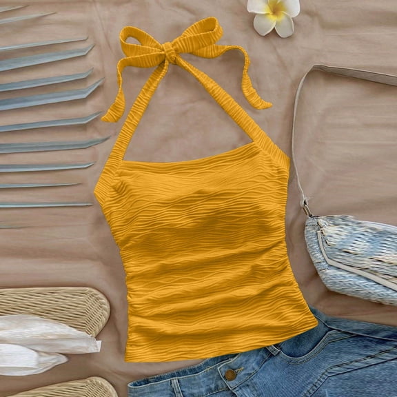 BSDJILFG Halter Neck Tops for Women Dressy Cute Top Tie Back Ruched Solid Color Juniors Crop Tops