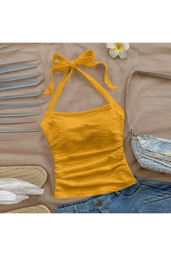 Halter Neck Tops for Women Dressy Cute Top Tie Back Ruched Solid Color Juniors Crop Tops