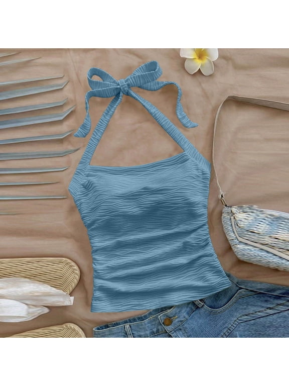 Halter Neck Tops for Women Dressy Cute Top Tie Back Ruched Solid Color Juniors Crop Tops
