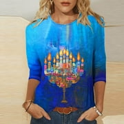 BSDJILFG Happy Hanukkah Shirt for Women,3/4 Sleeve Tops for Summer Casual Candles Print Round Neck Loose Fit Lounge Pajama Tops