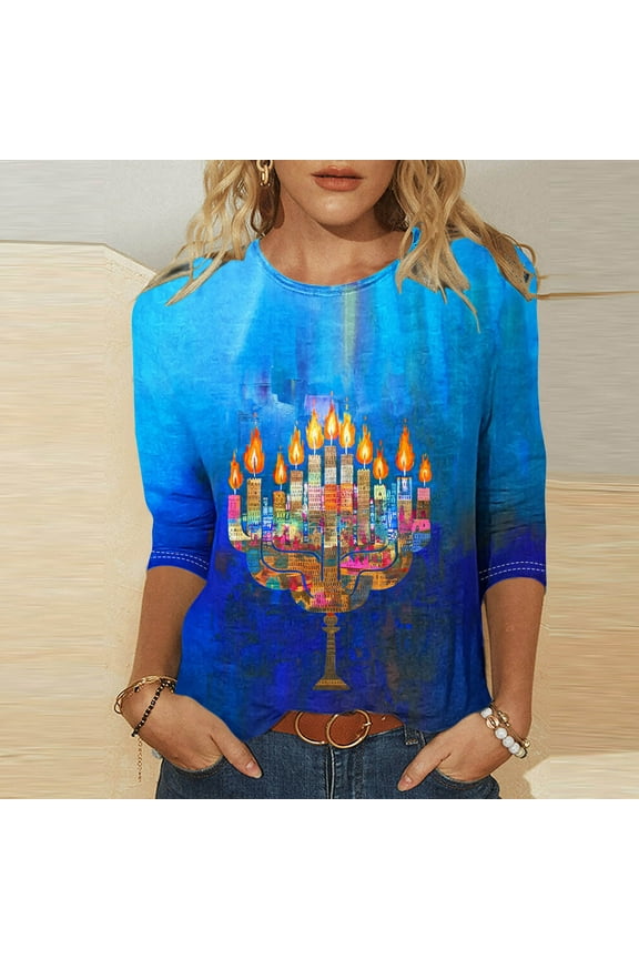 Happy Hanukkah Shirt for Women,3/4 Sleeve Tops for Summer Casual Candles Print Round Neck Loose Fit Lounge Pajama Tops