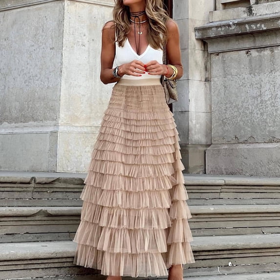 BSDJILFG High Waisted Summer Long Chiffon Skirt ,Stretch Fit Ruffle Tiered Layered A-Line Maxi Skirts,Swing Pleated Wedding Guest Prom Party Skirts