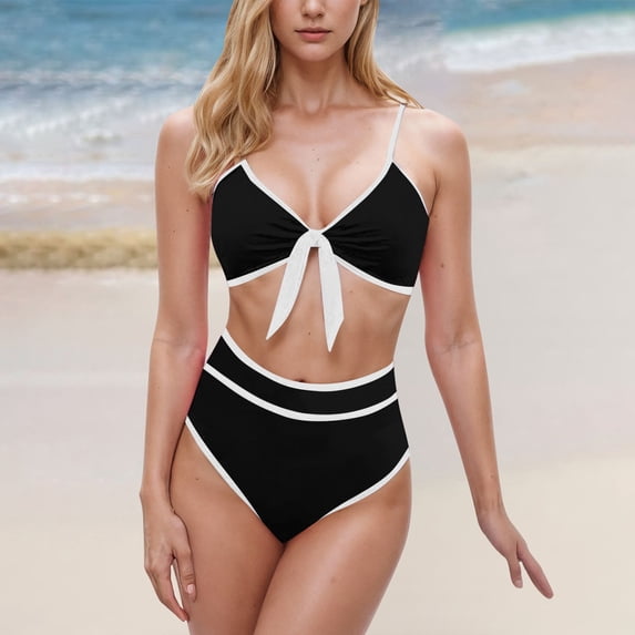 BSDJILFG High Waisted Swimsuits for Women,2-Piece Black Bikini Top Tie Front Spaghetti Straps Bras and Soft Stretch Underwear for Women Summer Swimwear