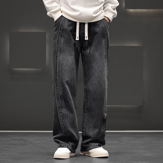 BSDJILFG Jeans for Men Classic Fit Distressed Denim Pants Stretchy Elastic Waist Wide Leg Trouser with Drawstring Pockets